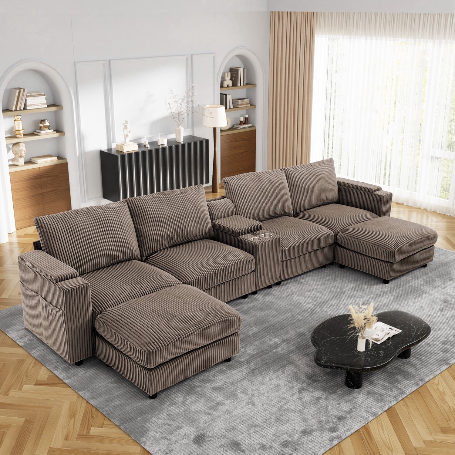 Wiilayok 153" Oversized U-Shaped Cloud Couch Sectional with Modular Design for Living Room: Comfy Corduroy, Ottoman, USB Port, Cup Holder, Armrest Storage, Side Pocket, Brown