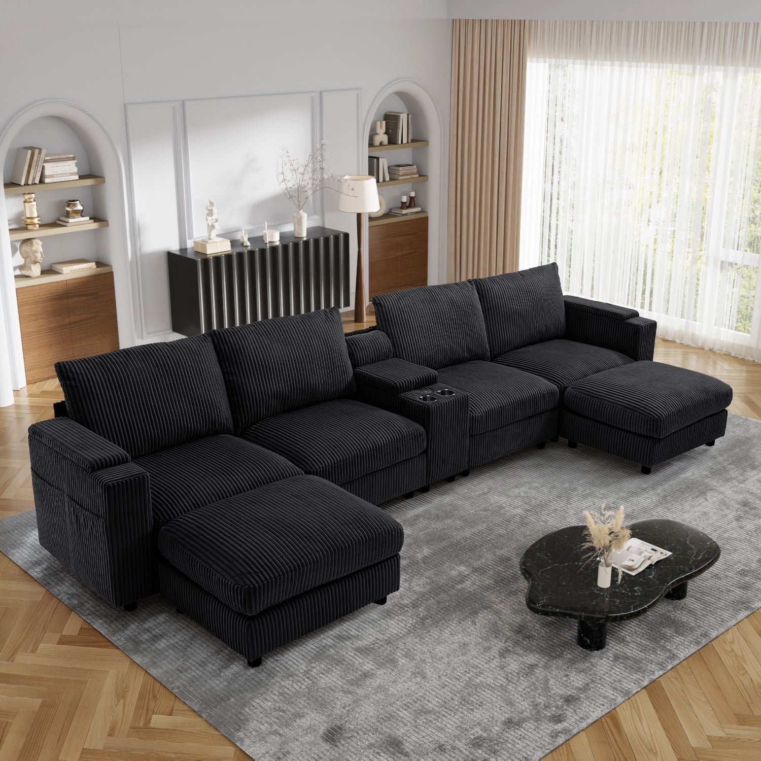 Wiilayok 153" Oversized U-Shaped Cloud Couch Sectional with Modular Design for Living Room: Comfy Corduroy, Ottoman, USB Port, Cup Holder, Armrest Storage, Side Pocket, Black