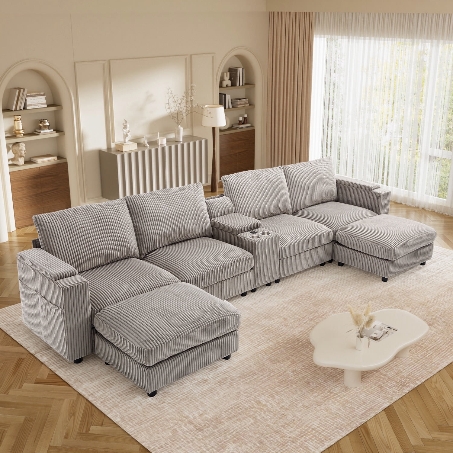 Wiilayok 153" Oversized U-Shaped Cloud Couch Sectional with Modular Design for Living Room: Comfy Corduroy, Ottoman, USB Port, Cup Holder, Armrest Storage, Side Pocket, Grey