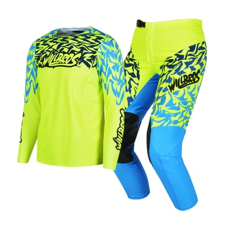 Willbros MX Offroad Youth Jersey Pants Combo Kids Child Gear Set Dirt Bike Motocross Racing Suit Racewear Fluo Yellow (Jersey Youth YXXL/Pants W28)