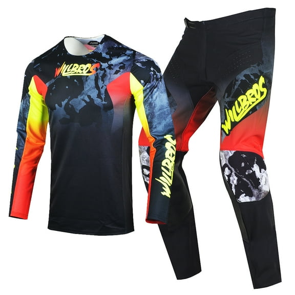 Willbros Men's Motocross Jersey Pants Combo MX Set Offroad Dirt Bike Downhill Enduro Race Women Adult Black Yellow Red (Jersey M Pants 32)