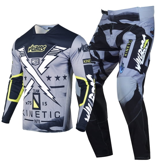 Willbros Motocross Dirt Bike Jersey Pants Combo Offroad MX Gear Set Riding Moto Racewear Grey (Jersey Adult L/Pants W34)