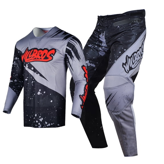 Willbros Motocross Dirt Bike Jersey and Pants Combo MX Offroad Breathable Summer Racewear Gear Set Gray Black Red (Jersey Adult XXL/Pants W38)