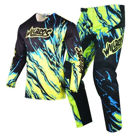 Willbros Motocross Jersey Pant Combo Mens Women Dirt Bike MX Gear Set Off-road Racewear Riding Racing Neon Yellow (Jersey Adult L/Pants W34)