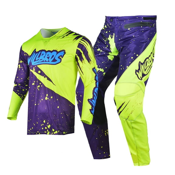 Willbros Motocross Jersey Pants Combo Breathable Summer MX Racewear Riding Offroad Downhill Gear Set Yellow Purple (Jersey Adult XL/Pants W36)