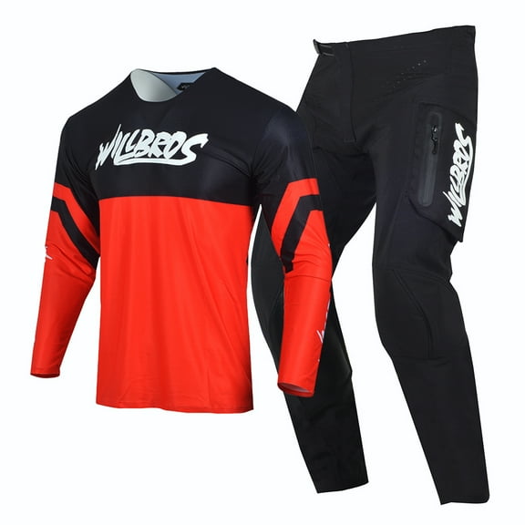 Willbros Motocross Jersey Pants Combo Dirt Bike Offroad MX Gear Set with Zipper Pockets Racewear Red (Jersey Adult M/Pants W32)