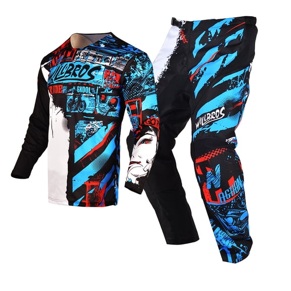 Willbros Motocross Jersey and Pant Combo MX Dirt Bike Riding Offroad Racing Adult Gear Set Blue(Jersey Adult L/Pants W34)