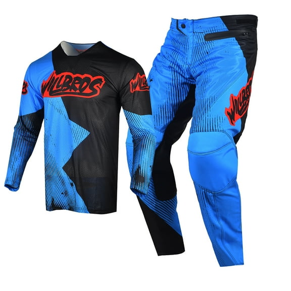 Willbros Motocross MX Jersey Pants Combo Dirt Bike Offroad Breathable Summer Racewear Downhill Gear Set Blue (Jersey Adult M/Pants W32)