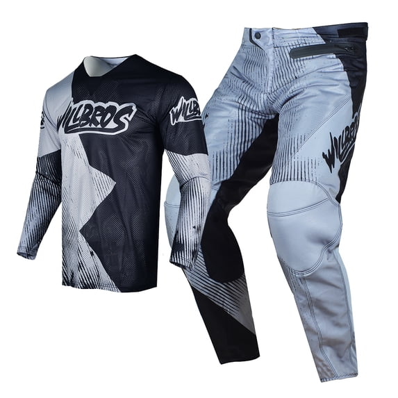 Willbros Motocross MX Jersey Pants Combo Dirt Bike Offroad Breathable Summer Racewear Downhill Gear Set Gray Black (Jersey Adult S/Pants W30)