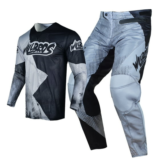 Willbros Motocross MX Jersey Pants Combo Dirt Bike Offroad Breathable Summer Racewear Downhill Gear Set Gray Black (Jersey Adult XXL/Pants W38)