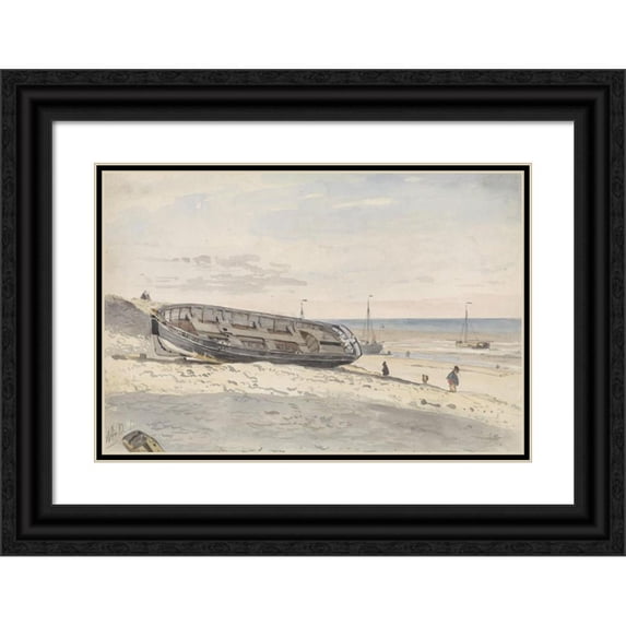 Willem Anthonie van Deventer 18x13 Black Ornate Wood Framed Double Matted Museum Art Print Titled - Schuiten on the Beach (1834 - 1893)