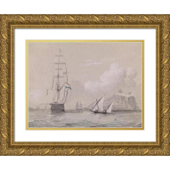 Willem Anthonie van Deventer 24x19 Gold Ornate Framed and Double Matted Museum Art Print Titled - Hollands Zeilschip off the Coast of Gibraltar (1834 - 1893)