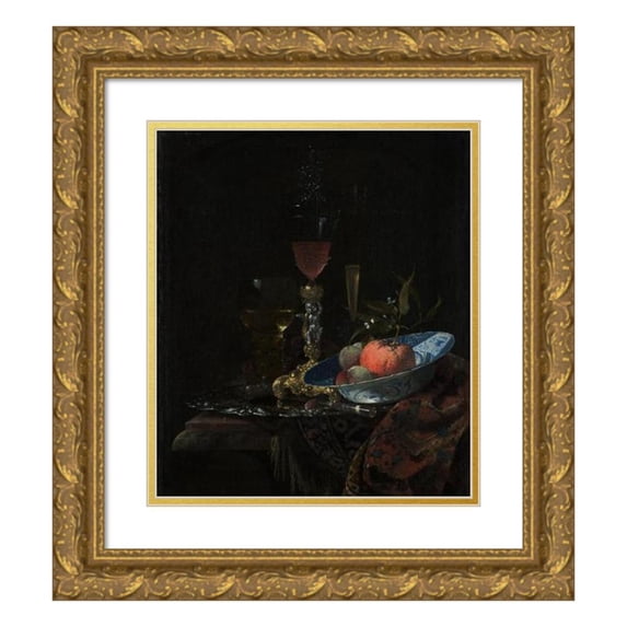 Willem Kalf 15x17 Gold Ornate Wood Frame and Double Matted Museum Art Print Titled - Wineglass and a Bowl of Fruit (1663)