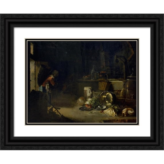 Willem Kalf 24x19 Black Ornate Framed Double Matted Museum Art Print Titled: Kitchen Interior
