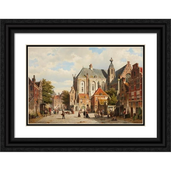 Willem Koekkoek 14x11 Black Ornate Wood Framed Double Matted Museum Art Print Titled: A Busy Street in a Dutch Town