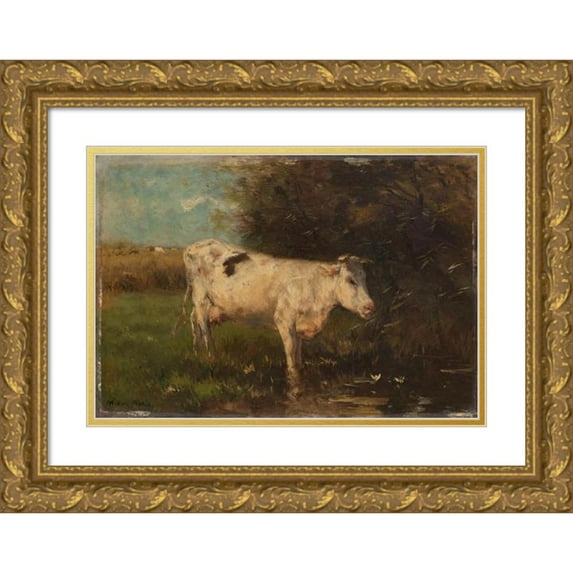 Willem Maris 14x11 Gold Ornate Wood Frame and Double Matted Museum Art Print Titled - White Cow (C. 1880 - C. 1910)