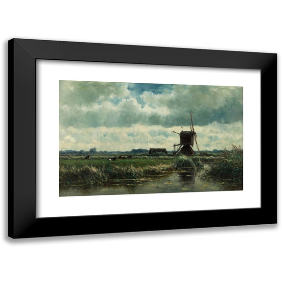 Willem Roelofs 14x11 Black Modern Framed Museum Art Print Titled - Polder Landscape with Windmill Near Abcoude