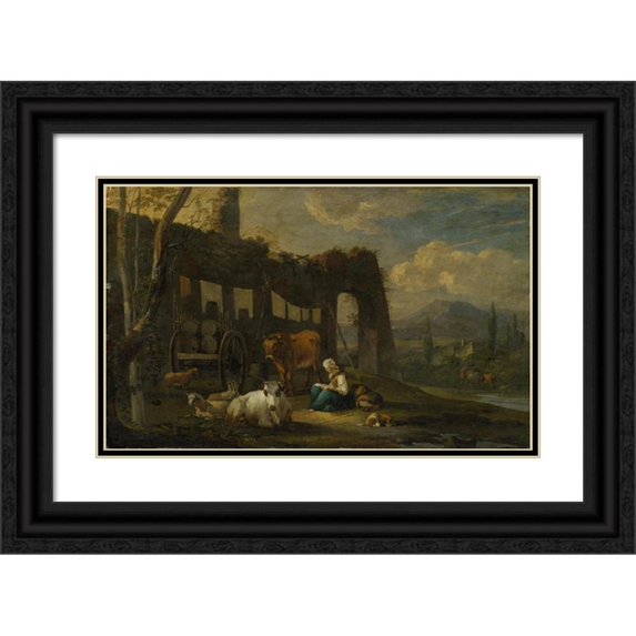 Willem Romeyn 18x13 Black Ornate Wood Framed Double Matted Museum Art Print Titled - Italian Landscape with Staffage Figures