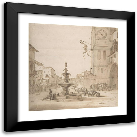 Willem Schellinks 20x20 Black Modern Framed Museum Art Print Titled - A View of the Piazza Del Duomo, Messina, with the Fountain of Orion, the Cathedral to the Right (Late 17th Century)