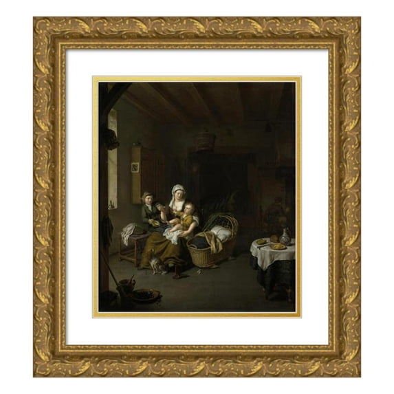 Willem Van Mieris 20x23 Gold Ornate Framed and Double Matted Museum Art Print Titled - A Mother Feeding Her Child (1707)