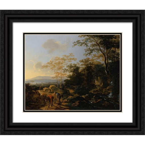 Willem de Heusch 24x20 Black Ornate Framed Double Matted Museum Art Print Titled: An Italianate Landscape with Travelers and Mules by a Waterfall