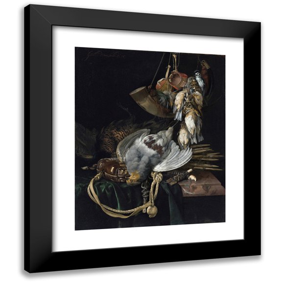 Willem van Aelst 12x14 Black Modern Framed Museum Art Print Titled - A Partridge, a Pheasant, a Hunting Bag and Traps on a Partially Draped Ledge, Songbirds, a Hunting Horn and Hawking Hoods