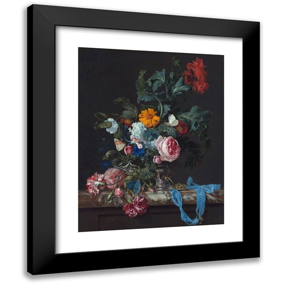 Willem van Aelst 19x24 Black Modern Framed Museum Art Print Titled - Flower Still Life with a Timepiece (1663)