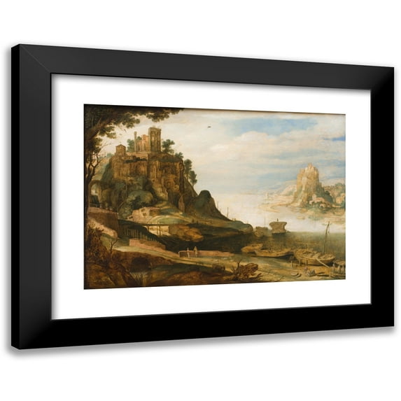 Willem van Nieulandt the younger 24x18 Black Modern Framed Museum Art Print Titled - Coast Landscape with the So-Called Temple of Sibyl at Tivoli (1620 - 1629)