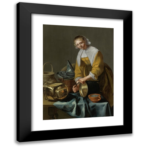Willem van Odekercken 11x14 Black Modern Framed Museum Art Print Titled - A Kitchen Maid Standing by a Table with Copper Pots, Pewter Plates and Other Objects (1638)