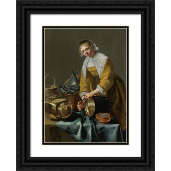 Willem van Odekercken 14x18 Black Ornate Wood Framed Double Matted Museum Art Print Titled - A Kitchen Maid Standing by a Table with Copper Pots, Pewter Plates and Other Objects (1638)