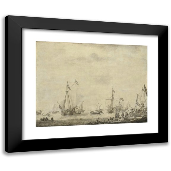 Willem van de Velde the Elder 14x12 Black Modern Framed Museum Art Print Titled - Royal Yacht and State Yacht Sail from Moerdijk with Charles II, King of England, on Board, 1660 (1660 - 1693