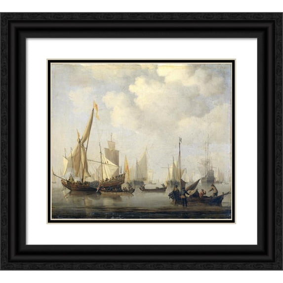 Willem van de Velde the Younger 14x12 Black Ornate Wood Framed Double Matted Museum Art Print Titled: A Calm at Sea (1650 - 1707)