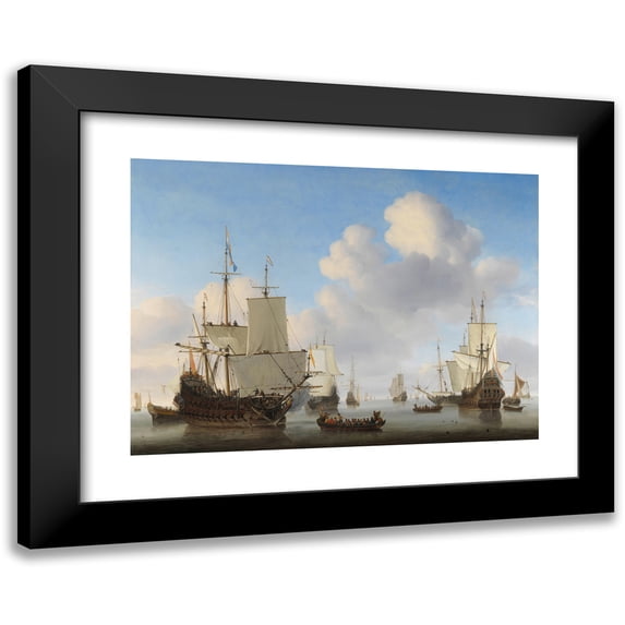 Willem van de Velde the Younger 18x14 Black Modern Framed Museum Art Print Titled - Dutch Ships in a Calm Sea (C. 1665)