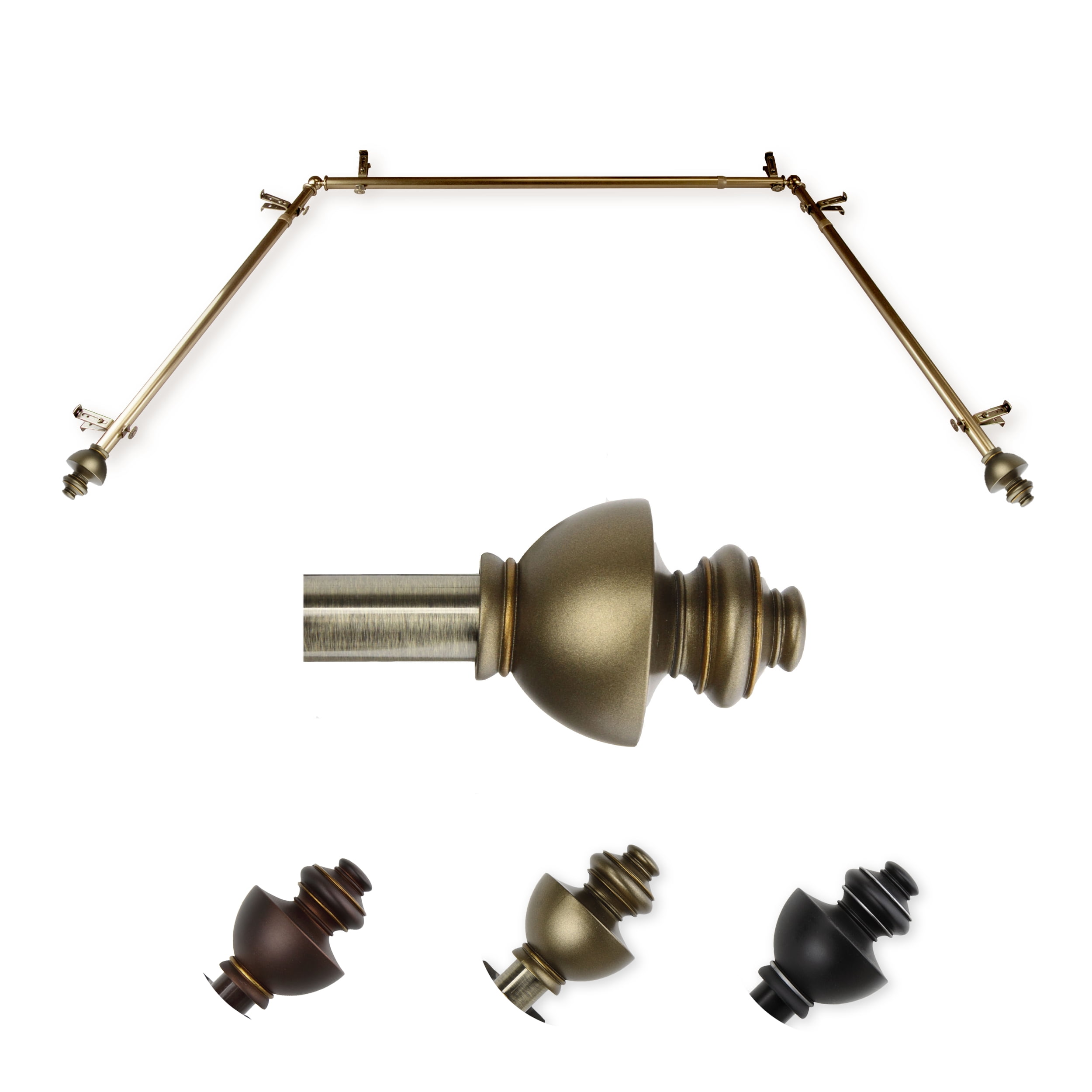 Willet 13/16" Bay Window curtain rod 20"-36", 38"-72" - Antique Brass