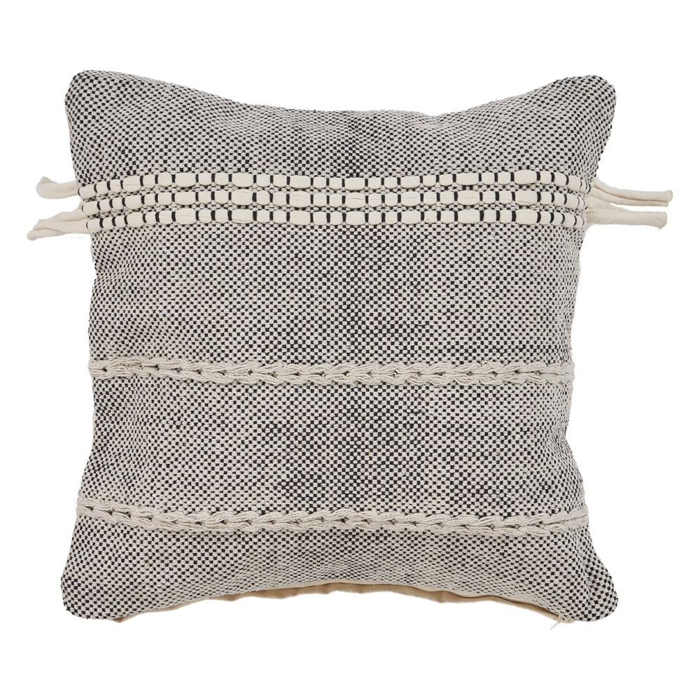 Black and Natural Embroidered Cotton Square Throw Pillow