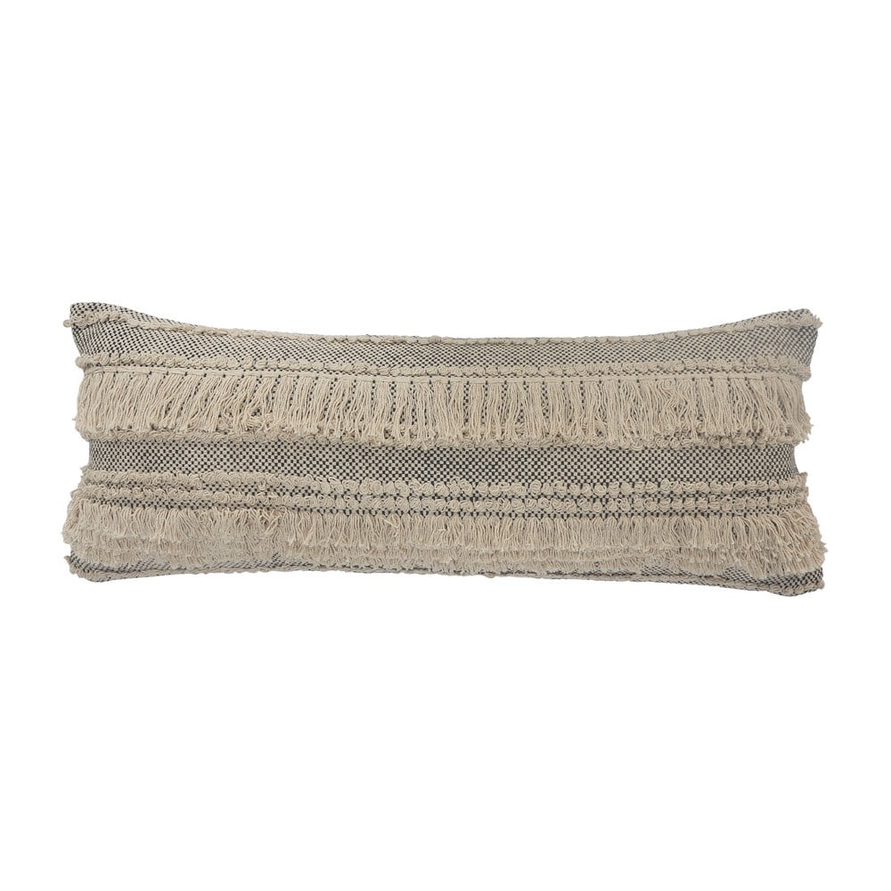 LR Home Elia Natural/Black Striped Cotton Fringed Adult Decorative Lumbar Pillow