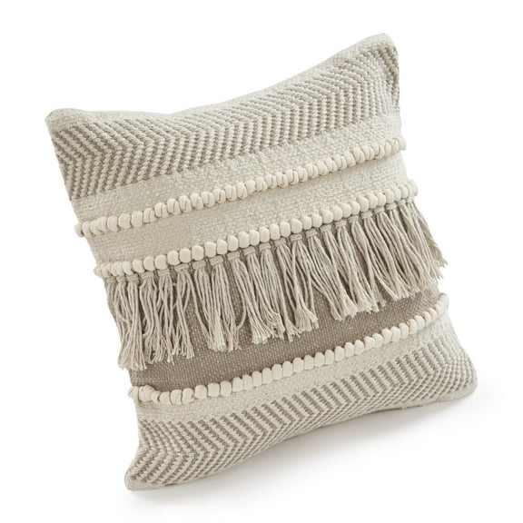 LR Home Xavia 20" x 20" Beige/Gray Fringe Striped Cotton Adult Decorative Throw Pillow