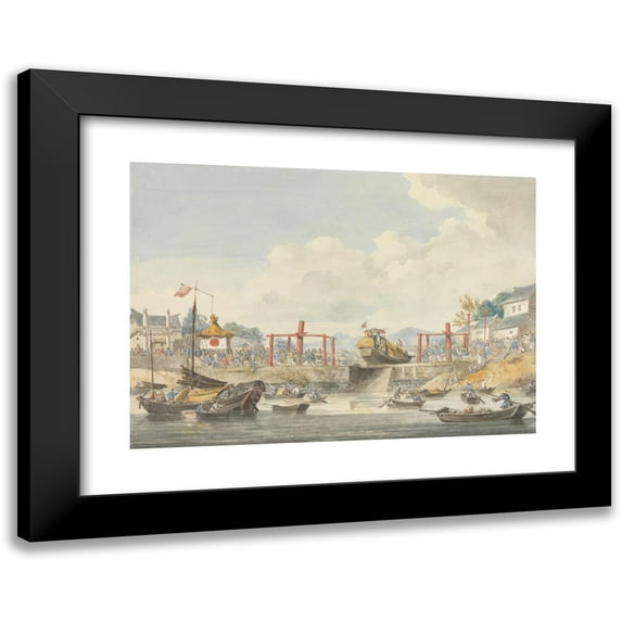 William Alexander 18x14 Black Modern Framed Museum Art Print Titled - Barges of the Embassy Being Raised from One Canal to Another on Their Way from Han-Tcheou-Foo to Tchu-San, 16 November 1