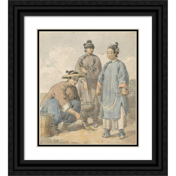 William Alexander 20x23 Black Ornate Framed Double Matted Museum Art Print Titled: Three Chinese Women Street Vendors