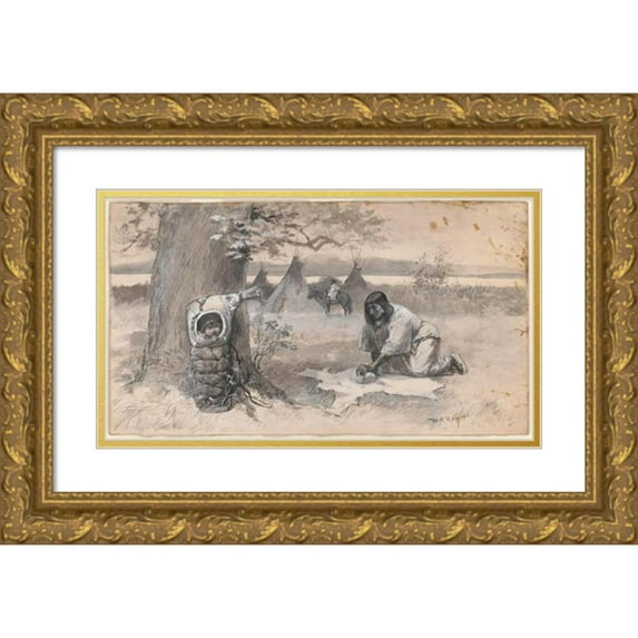 William Allen Rogers 14x10 Gold Ornate Wood Frame and Double Matted Museum Art Print Titled - Indian Mother and Baby-Wigwam (1898)
