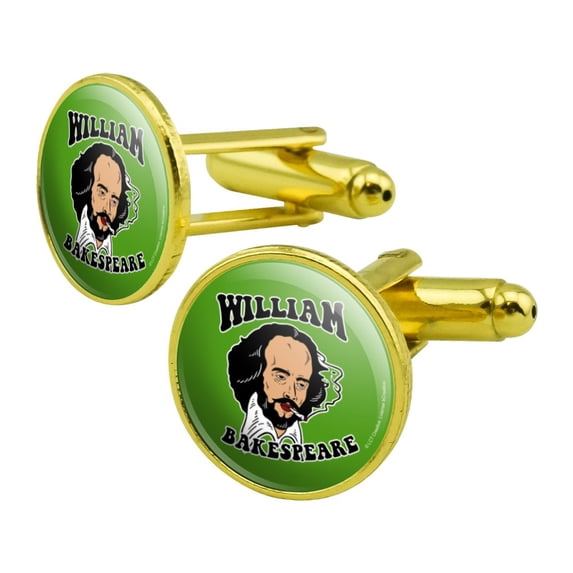 William Bakespeare Shakespeare Getting Baked Funny Humor Round Cufflink Set Gold Color