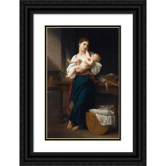William Bouguereau 13x18 Black Ornate Wood Framed Double Matted Museum Art Print Titled - First Caress (1901)