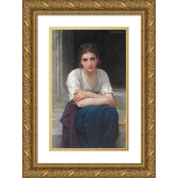 William Bouguereau 13x18 Gold Ornate Wood Frame and Double Matted Museum Art Print Titled - Reverie on the Threshold (1893)
