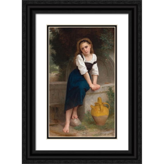 William Bouguereau 16x24 Black Ornate Framed Double Matted Museum Art Print Titled: Orphan at La Fontaine (1883)