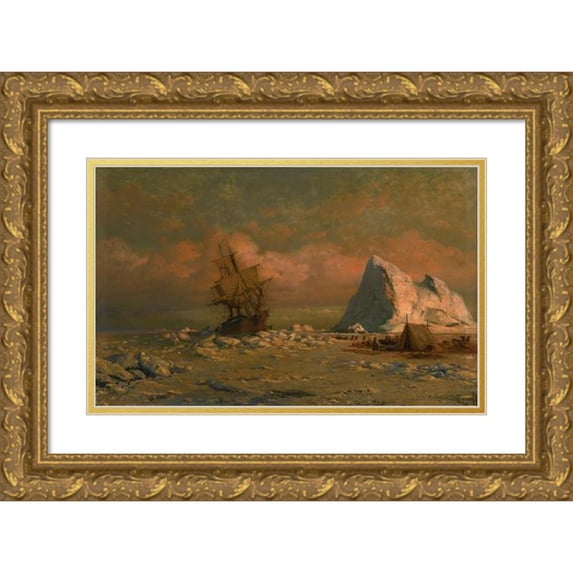 William Bradford 24x16 Gold Ornate Framed and Double Matted Museum Art Print Titled - Shipping Vessel with Ice Floes and Figures