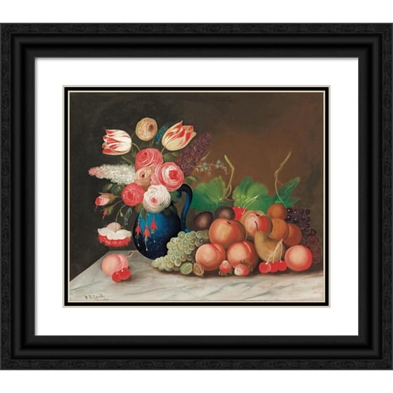 William Buelow Gould 14x12 Black Ornate Wood Framed Double Matted Museum Art Print Titled: Still Life with Fruit and Flowers (1840s)