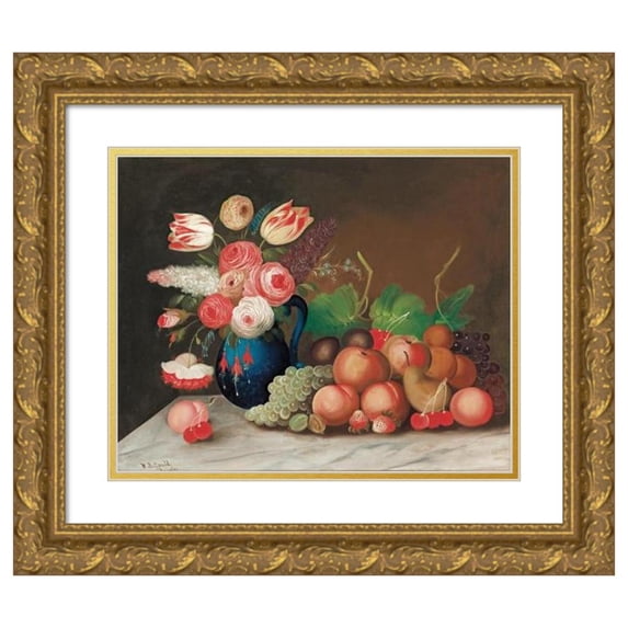 William Buelow Gould 17x15 Gold Ornate Wood Frame and Double Matted Museum Art Print Titled - Still Life with Fruit and Flowers (1840s)