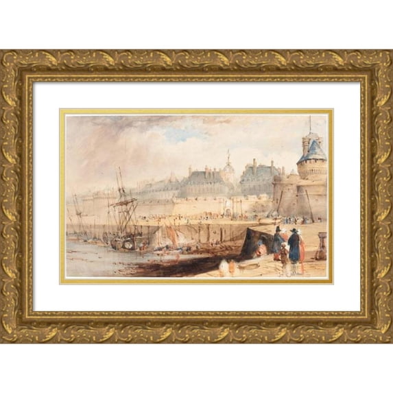 William Callow 14x10 Gold Ornate Wood Frame and Double Matted Museum Art Print Titled - The Harbor of St. Malo at Low Tide (C. 1850)