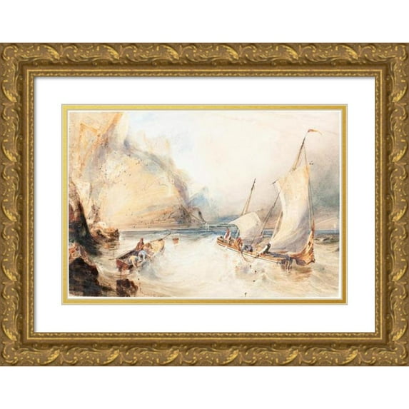 William Callow 24x17 Gold Ornate Framed and Double Matted Museum Art Print Titled - Fishing Boats off a Rocky Coast (1833)