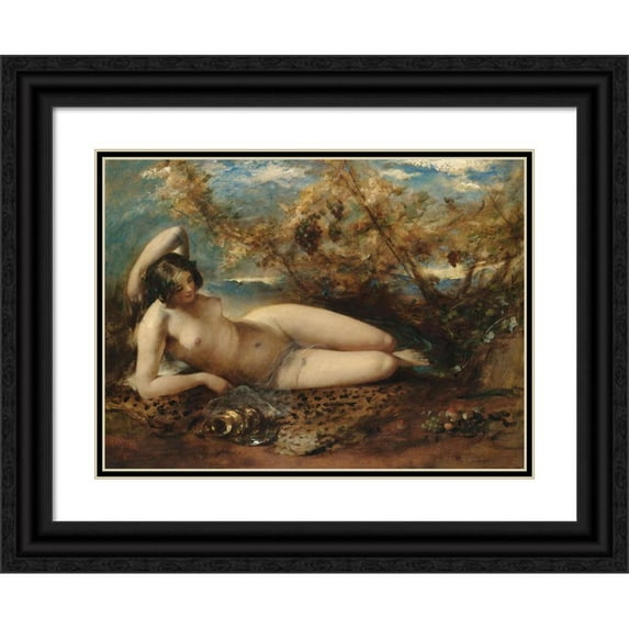 William Etty 14x11 Black Ornate Wood Framed Double Matted Museum Art Print Titled: A Young Women Reclining on a Fur Rug (1840s)